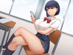 Rule 34 | 1girl, arm under breasts, bare legs, black hair, bow, bowtie, breast hold, breasts, cellphone, chair, class no joshi to sefri ni naru hanashi, classroom, crossed legs, desk, eyebrows hidden by hair, female focus, from side, highres, holding, holding phone, huge breasts, indoors, kneehighs, legs, lips, looking at phone, original, phone, pleated skirt, purple eyes, school uniform, serious, shiny skin, short hair, sitting, skirt, socks, solo, superbad, thighs, window