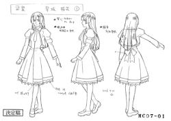 Rule 34 | 00s, 1girl, busou renkin, character sheet, hayasaka ouka, lineart, loafers, long hair, lowres, monochrome, multiple views, shoes, simple background, sketch, standing, tagme, white background