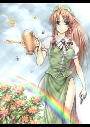 Rule 34 | 1girl, bad id, bad pixiv id, braid, breasts, bug, butterfly, embodiment of scarlet devil, female focus, flower, hong meiling, insect, letterboxed, long hair, nature, outdoors, red hair, sky, solo, takemori shintarou, touhou, twin braids, watering can