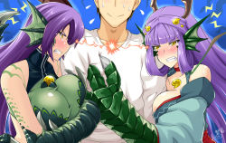 Rule 34 | 1boy, 2girls, animal ears, animal hands, antlers, arm hug, artist name, bare shoulders, blush, body jewelry, breasts, brown hair, butter-t, choker, claws, clenched teeth, clothing jewelry, detached sleeves, dragon, dragon (monster girl encyclopedia), dragon ears, dragon girl, dragon horns, dragon wings, eastern dragon, eye contact, faceoff, fins, gem, girl sandwich, hair ornament, head fins, horns, hug, huge breasts, japanese clothes, jewelry, large breasts, lightning glare, long hair, looking at another, magatama, monster girl, monster girl encyclopedia, multiple girls, purple hair, rivalry, ryuu (monster girl encyclopedia), sandwiched, scales, shirt, signature, smile, sweat, t-shirt, tattoo, tears, teeth, turtleneck, uniform, western dragon, white shirt, wings, yellow eyes