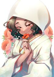 Rule 34 | 1girl, blush, closed mouth, commentary request, commission, facing viewer, flower, grey hair, hands up, highres, holding, holding flower, hood, hood up, japanese clothes, jigokuraku, kalanchoe xxxx, kimono, long sleeves, looking down, nurugai, orange eyes, pixiv commission, red flower, shiromuku, short hair, simple background, smile, solo, uchikake, upper body, wavy hair, white background, white kimono, wide sleeves
