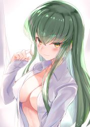 Rule 34 | 1girl, absurdres, blush, breasts, c.c., cleavage, closed mouth, code geass, collarbone, collared shirt, commentary request, fingernails, green hair, hair between eyes, twirling hair, hand up, highres, large breasts, long fingernails, long hair, looking at viewer, nail polish, naked shirt, pink nails, pink shirt, popped collar, shirt, sidelocks, signature, sleeves past wrists, smile, solo, toshizou (0714), upper body, very long hair, white background, wing collar, yellow eyes
