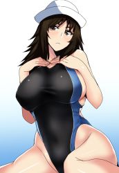 Rule 34 | 10s, 1girl, black eyes, black hair, black one-piece swimsuit, blue background, breasts, closed mouth, competition swimsuit, frown, girls und panzer, gradient background, hands on own chest, head tilt, hifumi hajime, highleg, highleg swimsuit, highres, large breasts, long hair, looking at viewer, murakami (girls und panzer), one-piece swimsuit, sitting, solo, swimsuit, wariza