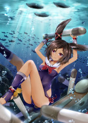 Rule 34 | 1girl, animal ears, armpits, arms up, ass, azur lane, bare shoulders, blue one-piece swimsuit, brown hair, bubble, closed mouth, commentary request, covered navel, dark-skinned female, dark skin, fish, highres, holding, holding breath, i-26 (azur lane), kneehighs, legs, legs up, light rays, minase tamaki, one-piece swimsuit, rabbit ears, rabbit tail, red eyes, short hair, socks, solo, strapless, strapless one-piece swimsuit, sunbeam, sunlight, swimsuit, tail, toes, torpedo, underwater
