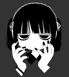 Rule 34 | 1girl, bags under eyes, bead bracelet, beads, blunt bangs, bracelet, cropped arms, cropped shoulders, empty eyes, explosion psycho, expressionless, frilled hairband, frills, greyscale, hairband, half-closed eyes, hands up, highres, jewelry, looking at viewer, monochrome, nail polish, original, parted lips, short hair, short twintails, simple background, solo, twintails