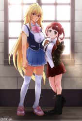 Rule 34 | 2girls, alternate costume, bad id, bad pixiv id, blonde hair, breasts, casual, cosplay, costume switch, fingerless gloves, gloves, hair ornament, large breasts, long hair, looking at viewer, multiple girls, necktie, niina ryou, pleated skirt, red eyes, red hair, ribbon, school uniform, shikishima mirei, shirt, skirt, smile, tokonome mamori, valkyrie drive, valkyrie drive -mermaid-, yuri