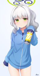 Rule 34 | 1girl, basa rutan, blue archive, blue jacket, blue shirt, blush, can, closed mouth, commentary request, green eyes, grey background, grey hair, hair ornament, halo, hare (blue archive), highres, holding, holding can, jacket, long hair, long sleeves, looking at viewer, ponytail, shirt, signature, simple background, sleeves past wrists, solo, sweat, track jacket