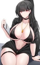 Rule 34 | 1girl, absurdres, alternate costume, bikini, black bikini, black hair, blue archive, blunt bangs, breasts, choker, clipboard, closed mouth, collarbone, hair ornament, hairclip, highres, holding, holding clipboard, huge breasts, jacket, kanta (kanta 077), long hair, looking at viewer, navel, partially unzipped, ponytail, red eyes, rio (blue archive), sideboob, solo, stomach, swimsuit, thigh strap, thighs, track jacket, underboob, very long hair, watch, whistle, whistle around neck, wristwatch