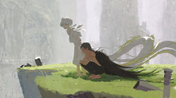 Rule 34 | 2boys, absurdres, bare arms, barefoot, black hair, black wings, blue eyes, body markings, cliff, curly hair, day, dragon, dragon tail, eastern dragon, feathered wings, from side, grass, highres, huahua zhu, long hair, looking at viewer, male focus, multiple boys, original, outdoors, profile, robe, short hair, short sleeves, squatting, standing, tail, topless male, tower, white hair, wings