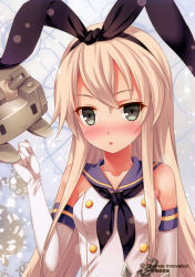 Rule 34 | 10s, 1girl, :3, :o, absurdres, anchor hair ornament, artist request, bare shoulders, blonde hair, blush, collarbone, elbow gloves, gloves, green eyes, hair ornament, hairband, highres, kantai collection, long hair, looking at viewer, machinery, open mouth, personification, rensouhou-chan, sailor collar, scan, school uniform, serafuku, shimakaze (kancolle), shirokitsune, sleeveless, turret, upper body