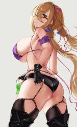 Rule 34 | 1girl, armpits, ass, bare shoulders, bb (fate), bb (fate) (all), bb (fate/extra), bb (fate/extra) (cosplay), bb (fate/extra) (cosplay), bb (swimsuit mooncancer) (fate), bb (swimsuit mooncancer) (fate) (cosplay), bb (swimsuit mooncancer) (second ascension) (fate), bikini, black choker, black footwear, black gloves, black thighhighs, boots, breasts, butt crack, choker, cosplay, cup, drink, ed granger, fate/extra, fate/grand order, fate (series), fingerless gloves, gloves, green eyes, grey background, hair ribbon, highres, holding, holding cup, ice, ice cube, large breasts, light brown hair, long hair, looking at viewer, low twintails, original, pink ribbon, purple bikini, red-framed eyewear, ribbon, scrunchie, semi-rimless eyewear, sideboob, simple background, skindentation, solo, swimsuit, thighhighs, thighs, thong, twintails, under-rim eyewear, whale tail (clothing)
