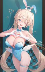 Rule 34 | 1girl, ;d, absurdres, aqua background, bare shoulders, blonde hair, blue eyes, blue leotard, breasts, checkered background, cleavage, covered navel, cowboy shot, feathered wings, gloves, hair ornament, heart, heart hands, heart o-ring, highleg, highleg leotard, highres, large breasts, leotard, long hair, looking at viewer, low wings, o-ring, o-ring thigh strap, one eye closed, open mouth, original, skindentation, smile, solo, strapless, strapless leotard, thigh strap, thighs, ttosom, twintails, white gloves, white wings, wings
