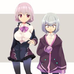 Rule 34 | 10s, 1boy, 1girl, anti (ssss.gridman), black pantyhose, bob cut, bow, cosplay, costume switch, flame print, gridman universe, light purple hair, looking at another, looking down, off shoulder, pantyhose, pout, purple bow, red eyes, shinjou akane, short hair, silver hair, sleeves past wrists, ssss.gridman