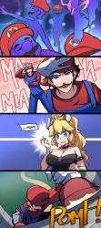 Rule 34 | 1boy, 1girl, 4koma, absurdres, armlet, bishounen, blonde hair, blue eyes, blush, bowsette, brown hair, carillus, castle, climbing, climbing wall, comic, commentary, english commentary, english text, facial hair, gloves, henshin, highres, horns, laughing, leg hair, long hair, mario, mario (series), merryweather, mustache, new super mario bros. u deluxe, nintendo, overalls, plunger, pomf, ponytail, red headwear, red shirt, shirt, sound effects, speech bubble, spiked armlet, super crown, surprised, thick eyebrows, transformation, white gloves