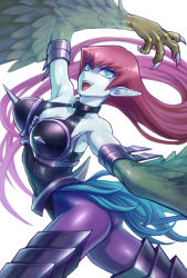 Rule 34 | 1girl, armor, artist name, bdsm, blue eyes, blue skin, bondage, bound, breasts, cleavage, colored skin, commentary, cyber harpie lady, duel monster, feathered wings, feathers, harpie lady, harpie lady (normal monster), harpy, izapara, large breasts, long hair, looking at viewer, monster girl, open mouth, pointy ears, red hair, spiked armor, talons, winged arms, wings, yu-gi-oh!