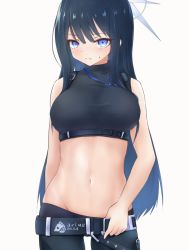 Rule 34 | 1girl, bare arms, bare shoulders, belt, benetto, black belt, black pants, black shirt, blue archive, blue eyes, blue hair, blush, breasts, commentary request, cowboy shot, crop top, grabbing, groin, highres, large breasts, leggings, long hair, looking at viewer, midriff, navel, no headwear, pants, partial commentary, saori (blue archive), shirt, simple background, sleeveless, sleeveless shirt, solo, standing, stomach, very long hair, white background