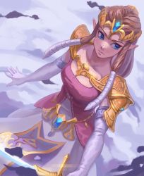 Rule 34 | 1girl, armor, blonde hair, blue eyes, breasts, closed mouth, crown, dress, elbow gloves, gloves, highres, holding, holding weapon, long hair, looking away, nintendo, pointy ears, princess zelda, saburou (jako), shoulder armor, small breasts, solo, standing, the legend of zelda, the legend of zelda: twilight princess, triforce, weapon