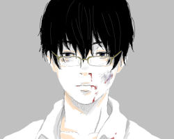 Rule 34 | 1boy, black hair, blood, blood from mouth, blue eyes, brown-framed eyewear, bruise, collarbone, facing viewer, glasses, grey background, injury, looking at viewer, male focus, nosebleed, original, re:i, simple background, solo, upper body