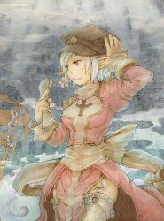 Rule 34 | 1girl, arrow (symbol), black hat, bow, breasts, commentary request, cowboy shot, cross, dress, flat cap, flower, flower in mouth, fog, garter straps, hand on own head, hat, high priest (ragnarok online), holding, juliet sleeves, kamo (megamikan), long sleeves, medium breasts, open mouth, pink flower, pointy ears, puffy sleeves, purple eyes, ragnarok online, red dress, sash, short hair, sign, solo, thighhighs, two-tone dress, white bow, white dress, white hair, white sash, white thighhighs