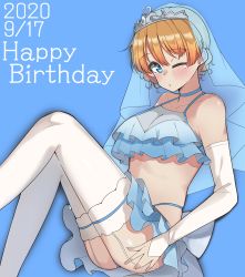 Rule 34 | 1girl, absurdres, back bow, birthday, blonde hair, blue background, blue bra, blue choker, blue eyes, blue panties, blue skirt, blush, bow, bra, braid, breasts, bridal gauntlets, bridal veil, choker, cleavage, closed mouth, commentary, darjeeling (girls und panzer), dated, earrings, english text, frilled bra, frilled skirt, frills, garter straps, girls und panzer, gloves, grey headwear, happy birthday, highleg, highleg panties, highres, jewelry, knees up, kshimu, layered skirt, looking at viewer, medium hair, miniskirt, official alternate costume, one eye closed, panties, short hair, simple background, sitting, skindentation, skirt, solo, string panties, stud earrings, thighhighs, tiara, twin braids, underwear, veil, white gloves, white thighhighs