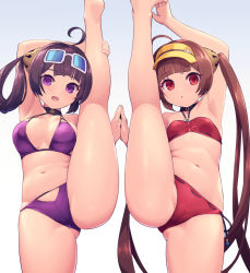 Rule 34 | 2girls, :d, :o, ahoge, arm up, armpits, azur lane, bare arms, bare legs, bare shoulders, barefoot, bikini, black ribbon, blunt bangs, blush, breasts, brown hair, chingisu, cleavage, collarbone, eyewear on head, gluteal fold, grey background, hair rings, hairpods, leg up, long hair, looking at viewer, medium breasts, multiple girls, navel, ning hai (azur lane), ning hai (summer hunger) (azur lane), open mouth, parted lips, ping hai (azur lane), ping hai (summer vacation) (azur lane), purple bikini, purple eyes, purple hair, red bikini, red eyes, ribbon, side-tie bikini bottom, simple background, small breasts, smile, split, standing, standing on one leg, standing split, stomach, sunglasses, swimsuit, twintails, very long hair, visor cap, white-framed eyewear