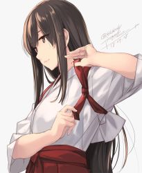 Rule 34 | 1girl, akagi (kancolle), brown eyes, brown hair, closed mouth, dated, grey background, hakama, hakama short skirt, hakama skirt, japanese clothes, kantai collection, long hair, long sleeves, looking afar, muneate, nontraditional miko, one-hour drawing challenge, red skirt, rokuwata tomoe, sidelocks, signature, simple background, skirt, smile, solo, straight hair, tasuki, tying, upper body, wide sleeves
