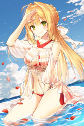 Rule 34 | 1girl, ahoge, arm up, bare shoulders, between legs, bikini, bird, blonde hair, blue sky, blush, bow, braid, breasts, caustics, cleavage, closed mouth, clothing cutout, cloud, cloudy sky, collarbone, criss-cross halter, day, fate/grand order, fate (series), green eyes, hair between eyes, hair bow, hair intakes, hair ribbon, halterneck, hand between legs, hand up, highres, kh (kh 1128), kneeling, large breasts, long hair, looking at viewer, navel, nero claudius (fate), nero claudius (fate) (all), nero claudius (swimsuit caster) (fate), nero claudius (swimsuit caster) (third ascension) (fate), outdoors, petals, red bikini, ribbon, see-through, shoulder cutout, side-tie bikini bottom, sitting, sky, smile, solo, stomach, striped bikini, striped clothes, swimsuit, tareme, thighs, wariza, water, white bow, white ribbon