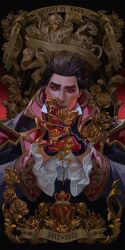 Rule 34 | 1boy, crown, dark-skinned male, dark skin, dated, fangs, filigree, flower, frilled sleeves, frills, glowing, glowing eyes, golden rose, high collar, highres, holding, holding flower, lace, ly hao nguyen, male focus, marvel, mature male, miguel o&#039;hara, red eyes, solo, spider-man: across the spider-verse, spider-man (series), spider-verse, vampire