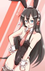 Rule 34 | 1girl, akai akasaki, anger vein, animal ears, black hair, black leotard, black thighhighs, breasts, commentary request, cowboy shot, detached collar, fake animal ears, frilled leotard, frilled thighhighs, frills, glasses, green eyes, hairband, kantai collection, leotard, long hair, looking at viewer, necktie, ooyodo (kancolle), playboy bunny, rabbit ears, rabbit tail, red background, red necktie, semi-rimless eyewear, small breasts, solo, spoken anger vein, strapless, strapless leotard, striped, striped background, tail, thighhighs, twitter username, under-rim eyewear, wrist cuffs