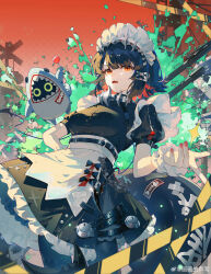 1girl absurdres artist_name black_hair cowboy_shot ellen_joe fingernails fins fish_tail hair_between_eyes hair_ornament hairclip hand_on_own_hip highres huahua_deluwei looking_at_viewer looking_back maid maid_headdress mole mole_under_eye nail_polish open_mouth red_eyes red_hair red_nails shark_tail short_hair sidelocks solo standing tail weibo_watermark zenless_zone_zero