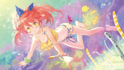 Rule 34 | 1girl, anklet, bare shoulders, barefoot, barefoot sandals (jewelry), blush, bracelet, crab, fish, flounder, freediving, hair ornament, hair ribbon, hairclip, holding breath, ibara riato, jewelry, long hair, looking at viewer, navel, orange hair, original, ribbon, scrunchie, snake, solo, swimming, swimsuit, underwater, yellow eyes