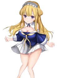 Rule 34 | 1girl, blonde hair, blue eyes, blue shirt, breasts, cleavage, dae (dog-of-maou), double bun, feet out of frame, fletcher (kancolle), hair bun, hairband, highres, kantai collection, large breasts, leaning forward, long hair, looking at viewer, neckerchief, off shoulder, pleated skirt, sailor collar, school uniform, serafuku, shirt, simple background, skirt, smile, solo, white background, white sailor collar, white skirt, yellow neckerchief
