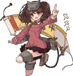 Rule 34 | 1girl, black skirt, black socks, blush stickers, brown hair, collared shirt, commentary request, cowboy shot, fingernails, grey mask, jacket, japanese clothes, jewelry, kantai collection, kariginu, knee pads, kneehighs, layered sleeves, leg up, long sleeves, looking at viewer, magatama, magatama necklace, mask, mask on head, mechanical legs, medium hair, microskirt, necklace, open mouth, pixel art, pleated skirt, red jacket, red sleeves, ryuujou (kancolle), scroll lock (scrool5), shirt, short twintails, skirt, smile, socks, solo, transparent background, twintails, usamata, v-shaped eyebrows, weapon, white shirt, yellow eyes