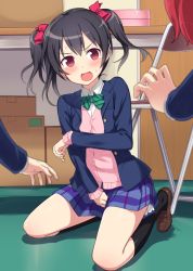Rule 34 | 10s, 3girls, between legs, black hair, black socks, blazer, blush, bow, cardigan, chair, covering privates, covering crotch, female pov, folding chair, hair bow, hand between legs, hiraga matsuri, hirasato, jacket, kneehighs, kneeling, loafers, looking at viewer, love live!, love live! school idol project, multiple girls, nishikino maki, open clothes, open jacket, open mouth, petticoat, pov, pov hands, red eyes, red hair, school uniform, shoes, short hair, socks, solo focus, sweat, tears, twintails, yazawa nico
