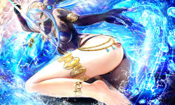 1girl anklet aqua_hair ass azura_(fire_emblem) barefoot black_dress black_gloves breasts bridal_gauntlets bubble dress female_focus fire_emblem fire_emblem_fates foreshortening gloves green_eyes hair_between_eyes hair_ornament hairband highres jewelry long_hair looking_at_viewer medium_breasts nintendo off-shoulder_dress off_shoulder outstretched_hand smile solo staff taut_clothes thighlet thighs tongari veil water