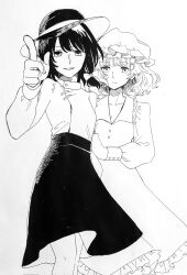 Rule 34 | 2girls, black headwear, buttons, chinese clothes, collared dress, collared shirt, dress, frilled dress, frilled hat, frills, hair ribbon, hand on another&#039;s arm, hat, hat ornament, highres, index finger raised, long skirt, long sleeves, low ponytail, maribel hearn, medium hair, mob cap, monochrome, multiple girls, pointing, ponytail, puffy long sleeves, puffy sleeves, ribbon, ribbon-trimmed collar, ribbon-trimmed dress, ribbon trim, shirt, simple background, sketch, skirt, smile, tangzhuang, touhou, traditional media, usami renko, wavy hair, white background, whoru