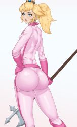 Rule 34 | 1girl, absurdres, ass, biker clothes, bikesuit, blonde hair, blue eyes, bodysuit, breasts, crown, drewnn, from behind, gloves, halberd, hand on own hip, highres, huge ass, long hair, looking at viewer, mario (series), medium breasts, nintendo, parted lips, polearm, ponytail, princess peach, shiny clothes, sideboob, skin tight, solo, the super mario bros. movie, weapon