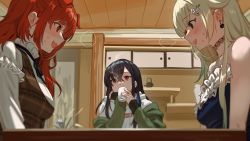 Rule 34 | ..., 2gou, 3girls, absurdres, aizawa ema, animal ears, black hair, blonde hair, blue dress, blurry, blush, brown dress, commentary request, cup, depth of field, dress, earrings, fang, green jacket, hair ornament, highres, holding, holding cup, hood, hood down, hoodie, ichinose uruha, indoors, jacket, jewelry, long hair, long sleeves, looking at another, lupinus virtual games, multiple girls, neck ribbon, nijisanji, off shoulder, open mouth, pinafore dress, plant, potted plant, ratna petit, red eyes, red hair, ribbon, shirt, sidelocks, skin fang, sleeveless, sleeveless dress, spoken ellipsis, steam, sweat, upper body, virtual youtuber, vspo!, white hoodie, white shirt, yunomi