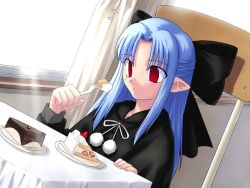 Rule 34 | 00s, 1girl, blue hair, cake, chair, dutch angle, eating, food, fork, fruit, game cg, half updo, len (tsukihime), long hair, melty blood, pastry, pointy ears, red eyes, sitting, solo, strawberry, sunlight, table, takeuchi takashi, tsukihime, type-moon, wallpaper, whipped cream, window
