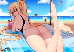 Rule 34 | 5girls, :o, artoria pendragon (fate), ass, barefoot, beach, black-framed eyewear, blonde hair, blue sky, breasts, cloud, competition swimsuit, day, fate/grand order, fate (series), glasses, helena blavatsky (fate), ibaraki douji (fate), jeanne d&#039;arc alter (swimsuit berserker) (fate), jeanne d&#039;arc (fate), jeanne d&#039;arc (ruler) (fate), jeanne d&#039;arc (swimsuit archer) (fate), jeanne d&#039;arc (swimsuit archer) (second ascension) (fate), jeanne d&#039;arc alter (fate), jeanne d&#039;arc alter (swimsuit berserker) (fate), long hair, looking at viewer, lying, medium breasts, multiple girls, mysterious heroine x (fate), mysterious heroine xx (fate), ocean, on stomach, one-piece swimsuit, outdoors, ponytail, ppshex, purple eyes, sand, shark, sky, swimsuit