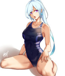 Rule 34 | 1girl, absurdres, bikini, blue hair, breasts, covered navel, earrings, highres, jewelry, kisaragi tsurugi, light blue hair, long hair, looking at viewer, medium breasts, one-piece swimsuit, open mouth, original, pink eyes, ponytail, sitting, solo, string bikini, swimsuit