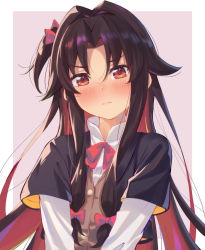 Rule 34 | &gt;:(, 1girl, black capelet, black hair, blush, border, bow, brown vest, capelet, closed mouth, hair bow, hair intakes, highres, hofumaso, long hair, long sleeves, multicolored hair, neck ribbon, one side up, parted bangs, purple background, red bow, red eyes, red hair, red ribbon, ribbon, ryuuou no oshigoto!, shirt, simple background, solo, two-tone hair, upper body, v-shaped eyebrows, very long hair, vest, white border, white shirt, yashajin ai