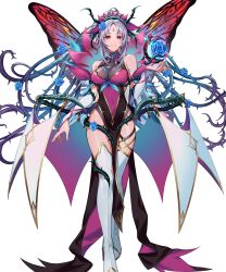 Rule 34 | 1girl, bare shoulders, boots, breasts, bridal gauntlets, cleavage, covered navel, facial mark, fairy wings, fire emblem, fire emblem heroes, flower, forehead mark, gold trim, grey hair, grin, hair flower, hair ornament, high heels, highres, kainown, large breasts, long hair, looking at viewer, navel, nintendo, non-web source, official alternate costume, official art, pelvic curtain, plant hair, plumeria (fire emblem), plumeria (rapturous dream) (fire emblem), pointy ears, ponytail, purple eyes, sideboob, smile, solo, teeth, thigh boots, thorns, very long hair, white footwear, wings