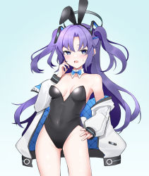 Rule 34 | 1girl, animal ears, bare shoulders, blue archive, blue eyes, breasts, cleavage, covered navel, detached collar, embarrassed, fake animal ears, fake tail, halo, highres, jacket, leotard, long hair, long sleeves, medium breasts, off shoulder, playboy bunny, purple hair, rabbit tail, shidoh279, sidelocks, simple background, sweatdrop, tail, twintails, white jacket, yuuka (blue archive)