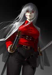 1girl artist_logo belt black_background black_belt black_pants blood blood_on_face breasts buttons collared_shirt commentary commission cowboy_shot gradient_background grey_background hair_between_eyes hashtag-only_commentary hero_killer highres holding holding_sword holding_weapon ihwa_(hero_killer) jacket large_breasts long_hair looking_at_viewer m_alexa open_clothes open_jacket pants parted_lips red_eyes red_shirt scabbard shade sheath sheathed shirt signature solo sword underbust weapon white_hair white_jacket