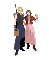 Rule 34 | 1boy, 1girl, absurdres, aerith gainsborough, armor, bag, belt, blonde hair, blue eyes, blue pants, blue shirt, boots, bracelet, brown hair, buster sword, cloud strife, cropped jacket, doughnut, dress, eating, final fantasy, final fantasy vii, final fantasy vii remake, food, full body, gloves, green eyes, hair between eyes, hair ribbon, hand on own hip, highres, holding, holding bag, jacket, jewelry, long dress, necklace, newb ff7r, pants, parted bangs, pink dress, pink ribbon, red jacket, ribbon, shirt, short hair, shoulder armor, sidelocks, smile, spiked hair, square enix, suspenders, wavy hair, weapon, weapon on back, white background