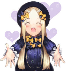 Rule 34 | 1girl, :d, ^ ^, abigail williams (fate), black bow, black dress, black hat, blonde hair, blue eyes, blush, bow, closed eyes, commentary, dress, facing viewer, fate/grand order, fate (series), forehead, hair bow, hat, heart, heart background, highres, long hair, long sleeves, looking at viewer, open mouth, orange bow, outstretched arms, parted bangs, polka dot, polka dot bow, smile, solaris (sinhyg), solo, very long hair, white background