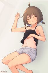 Rule 34 | 1girl, ahoge, artist name, bare shoulders, black camisole, blush, brown hair, camisole, camisole lift, centi mnkt, closed eyes, clothes lift, commentary request, denim, denim shorts, hair ornament, hair scrunchie, highres, lifted by self, navel, original, partial commentary, scrunchie, short twintails, shorts, sidelocks, simple background, sketch background, sleeping, solo, tan, twintails, twitter username