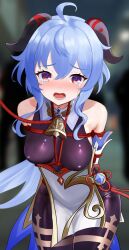 Rule 34 | 1girl, ahoge, arms behind back, bare shoulders, bdsm, bell, blue hair, blush, bodystocking, bodysuit, bondage, bound, bound arms, bound wrists, breast bondage, breasts, chinese knot, covered erect nipples, cowbell, crying, crying with eyes open, detached sleeves, flower knot, ganyu (genshin impact), genshin impact, goat horns, gold trim, hair between eyes, highres, horns, leash, leash pull, leotard, leotard under clothes, long hair, looking at viewer, low ponytail, medium breasts, neck bell, open mouth, pantyhose, purple eyes, red rope, restrained, rope, shibari, shibari over clothes, sidelocks, skin tight, solo, tears, thicket ryn, thighlet, viewer holding leash, vision (genshin impact), walking, white sleeves