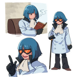 Rule 34 | 1boy, ascot, black gloves, blue coat, blue hair, blunt bangs, blunt ends, book, brown eyes, cane, closed mouth, coat, collared coat, expressionless, full body, gloves, holding, holding book, holding cane, husagin, long sleeves, male focus, multiple views, open book, popped collar, rainbow parakeet, rainbow parakeet (character), short hair, simple background, sitting, smile, smoking, standing, sunglasses, white ascot, white background
